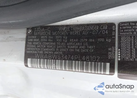 2004 BMW 330Ci z USA, uszkodzony, nr VIN WBABW53474PL48102